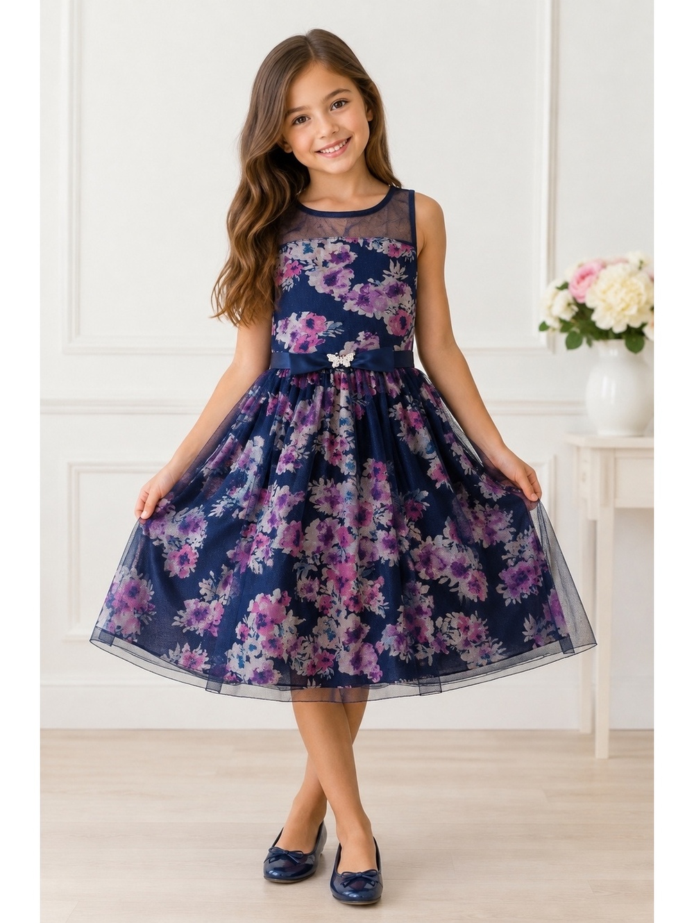 Lily Rose Girls Size 10 Navy Blue Floral Tulle Party Dress garden wedding sunday